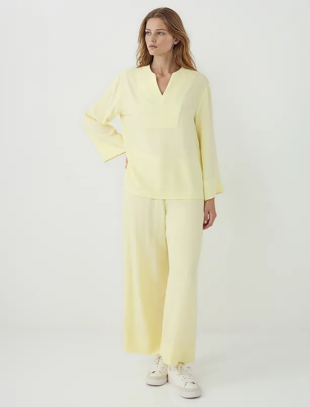 Women Yellow Relaxed Fit V-Neck Long Sleeve Blouse