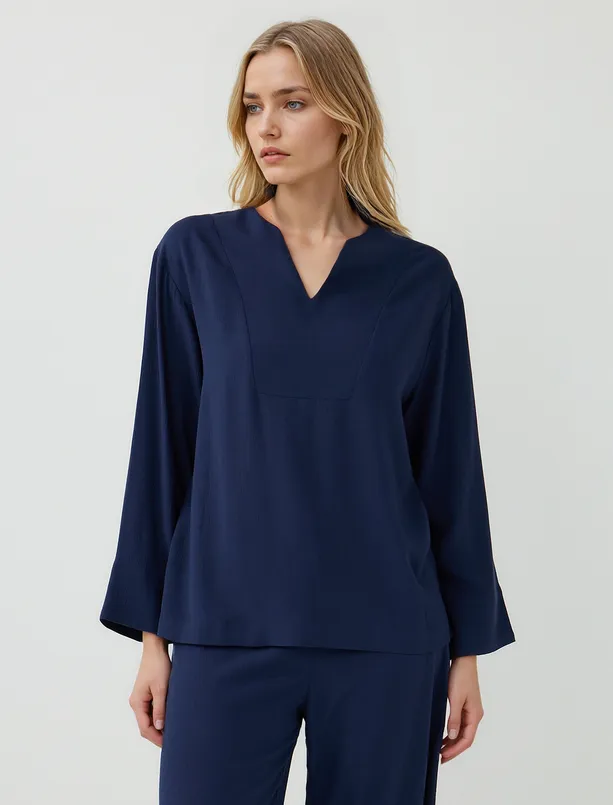 Women Dark Blue Relaxed Fit Long Sleeve V-Neck Woven Blouse