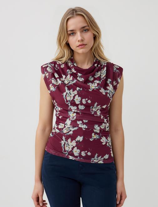 Bordo Dar Kesim Degaje Yaka Vatkalı Kolsuz Mesh Bluz	