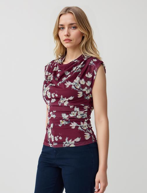 Bordo Dar Kesim Degaje Yaka Vatkalı Kolsuz Mesh Bluz	