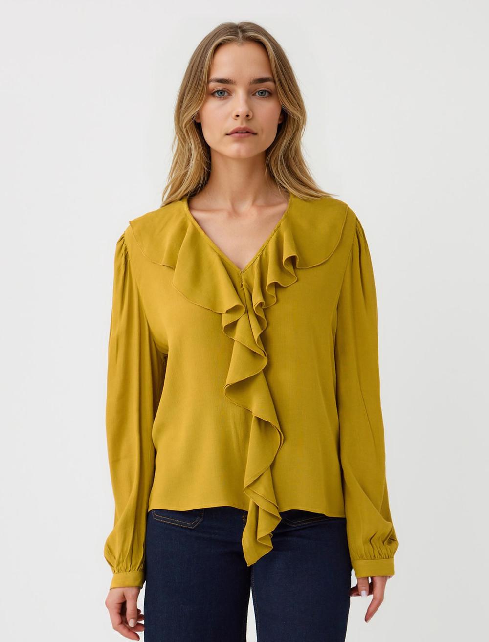 Uzun Kollu V Yaka Fırfır Detaylı Dokuma Bluz