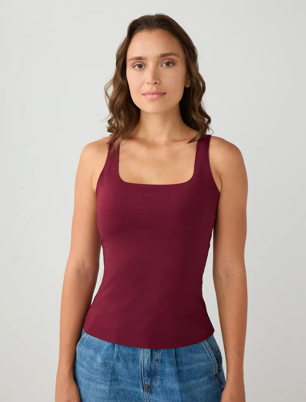 トップス RB Bordo Dar Kesim Askılı Kare Yaka Örme Bluz