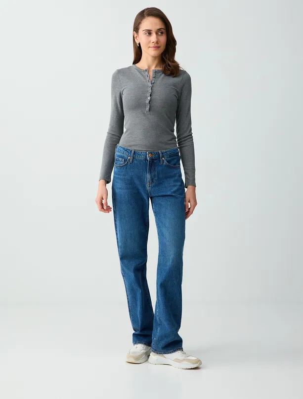 Bayan Antrasit Dar Kesim Bisiklet Yaka Düğme Detaylı Örme Bluz