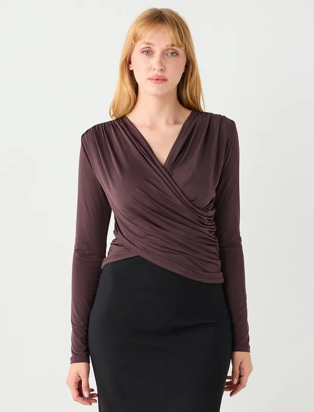 Bayan  Dar Kesim Uzun Kollu Çapraz Yaka Örme Bluz