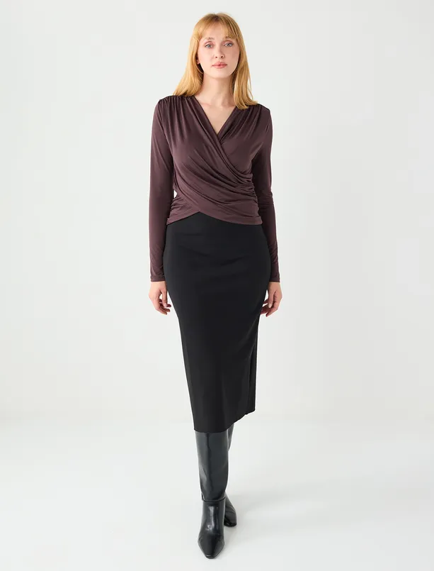 Bayan Kahverengi Dar Kesim Uzun Kollu Çapraz Yaka Örme Bluz