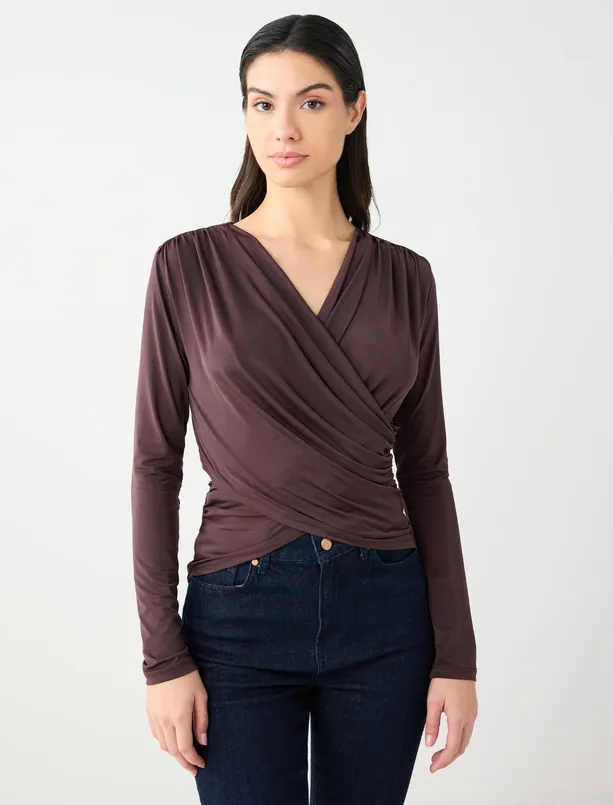 Bayan  Dar Kesim Uzun Kollu Çapraz Yaka Örme Bluz