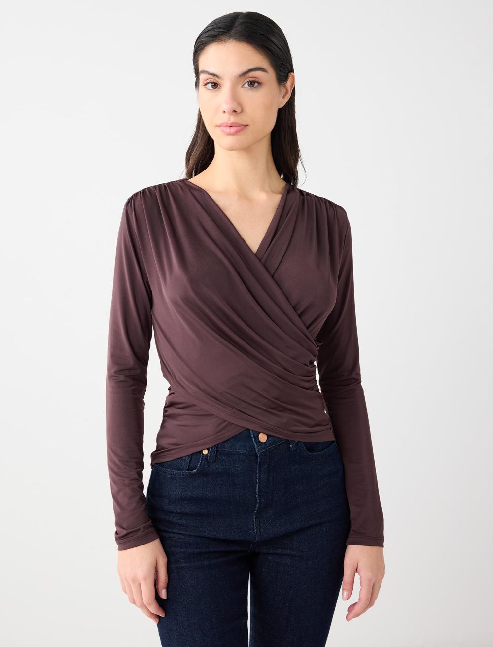 Dar Kesim Uzun Kollu Çapraz Yaka Örme Bluz