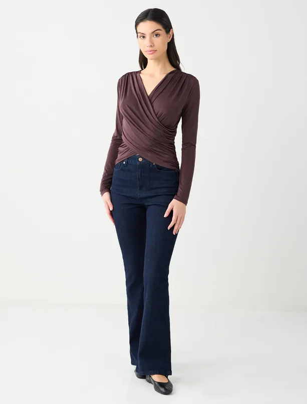 Bayan Kahverengi Dar Kesim Uzun Kollu Çapraz Yaka Örme Bluz