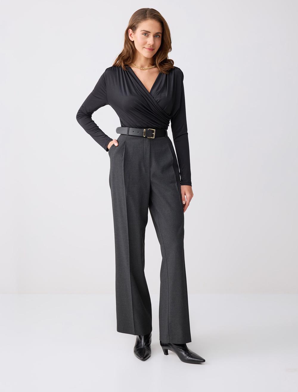 Dar Kesim Uzun Kollu Çapraz Yaka Örme Bluz