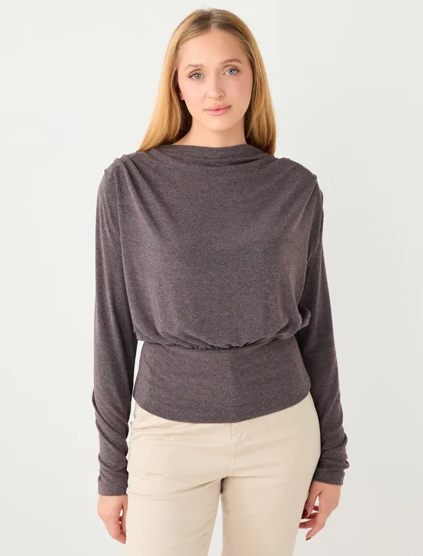 Bayan Kahverengi Kayık Yaka Vatkalı Yumuşak Dokulu Örme Bluz