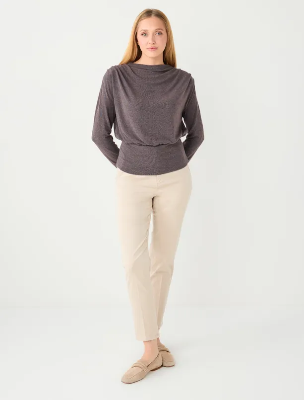 Bayan Kahverengi Kayık Yaka Vatkalı Yumuşak Dokulu Örme Bluz