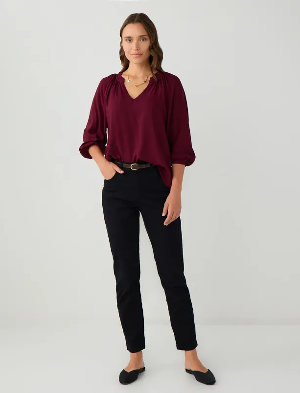 Women Claret Red V Neck Trouser Sleeve Relaxed Fit Woven Blouse