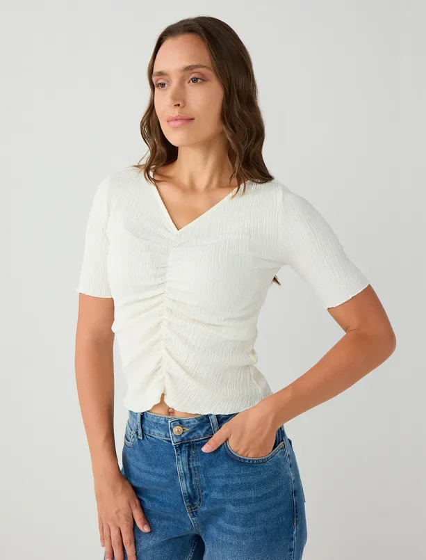 Women White Slim Fit V Neck Elbow Sleeve Knitted Blouse
