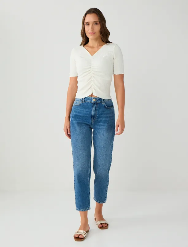 Women White Slim Fit V Neck Elbow Sleeve Knitted Blouse