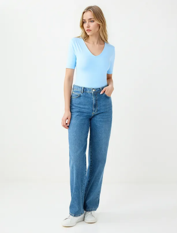 Women Blue Slim Fit Elbow Sleeve V-Neck Knitted Blouse