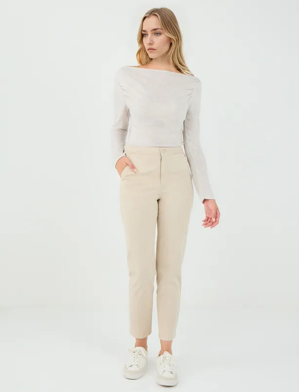 Women Beige Long Sleeve Boat Neck Knitted Blouse