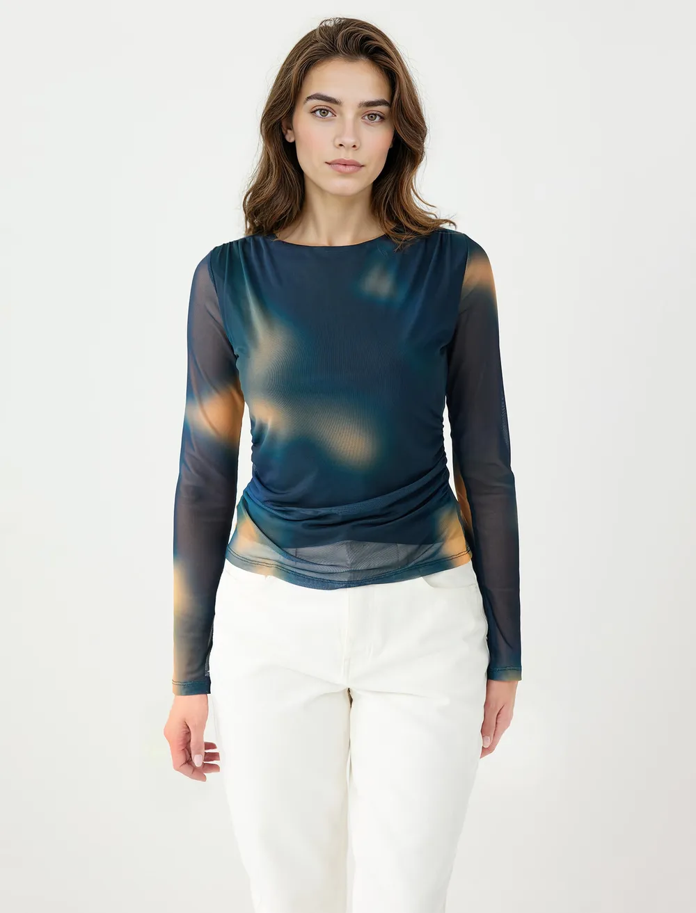 Boat Neck Long Sleeve Patterned Mesh Knitted Blouse