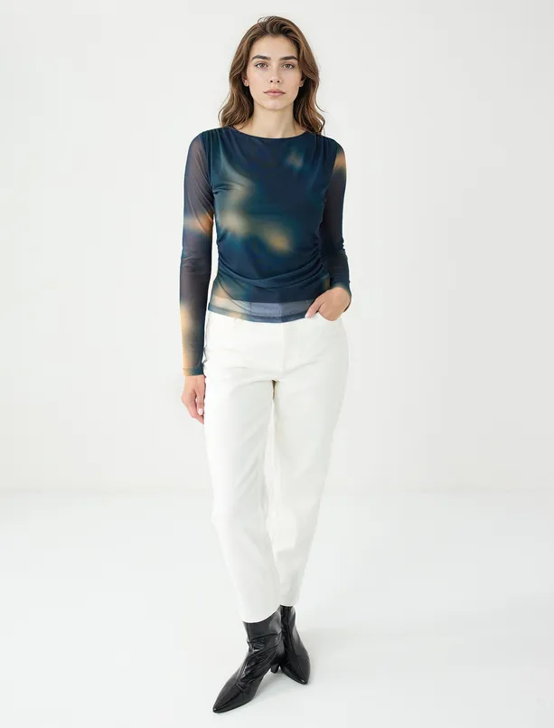 Women Haki  Boat Neck Long Sleeve Patterned Mesh Knitted Blouse