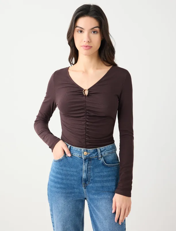 Bayan  V Yaka Uzun Kollu Büzgü Detaylı Örme Bluz