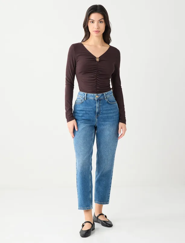 Bayan Kahverengi V Yaka Uzun Kollu Büzgü Detaylı Örme Bluz