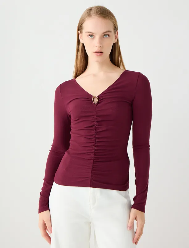Women Claret Red V-Neck Long Sleeve Knitted Blouse with Ruffle Detail