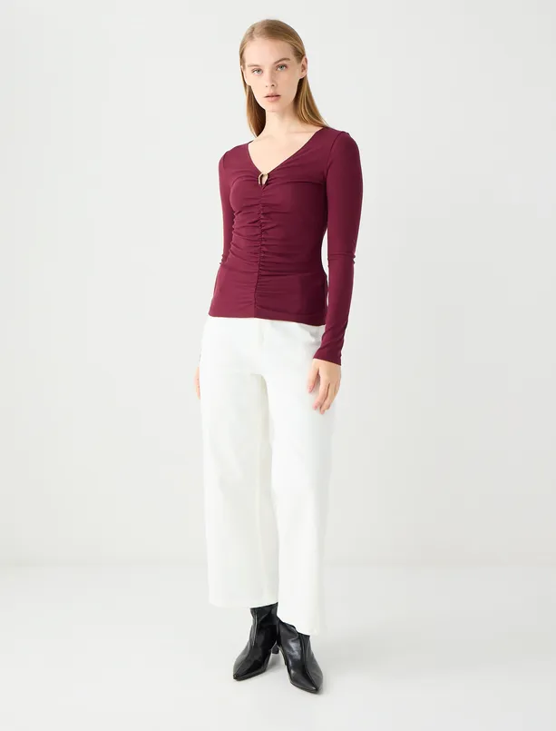 Women Claret Red V-Neck Long Sleeve Knitted Blouse with Ruffle Detail