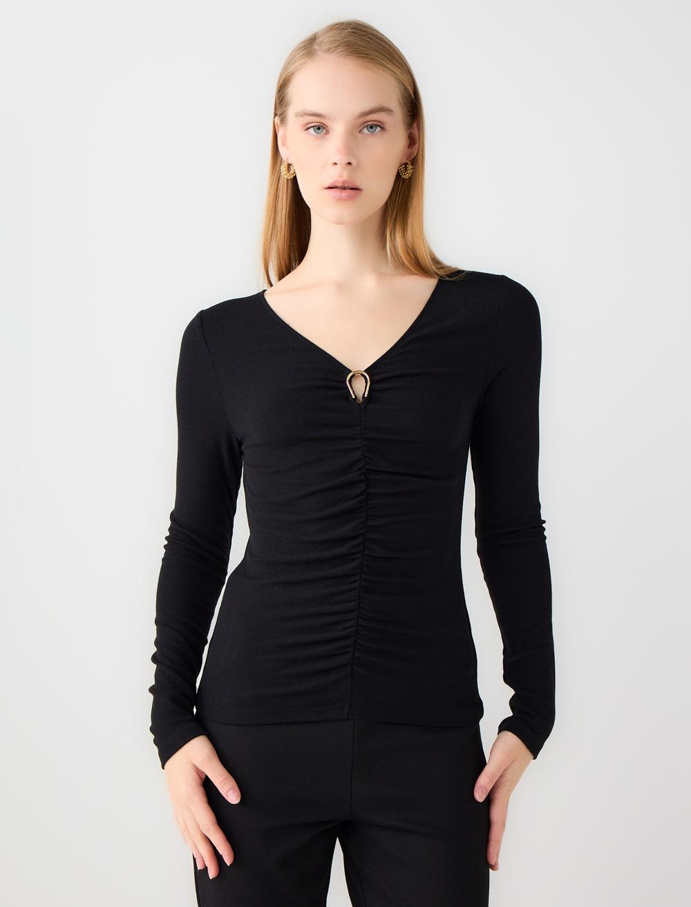 V Yaka Uzun Kollu Büzgü Detaylı Örme Bluz