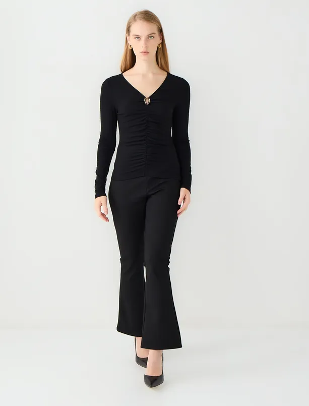 Women Black V-Neck Long Sleeve Knitted Blouse with Ruffle Detail