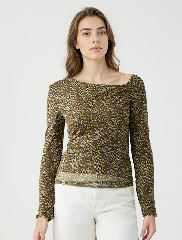 Women Haki Slim Fit Asymmetric Collar Leopard Print Blouse