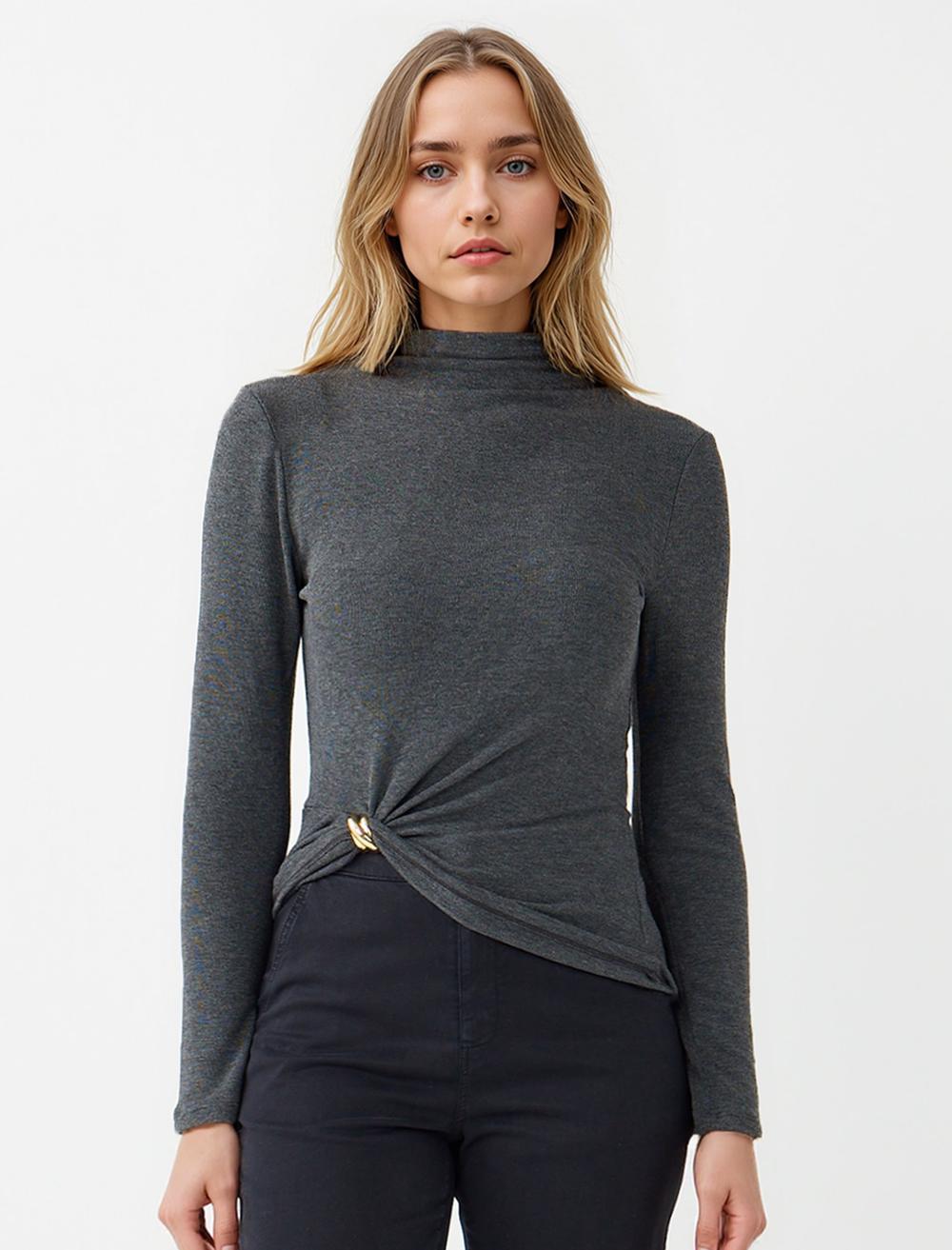 Uzun Kollu Yarım Balıkçı Yaka Örme Bluz