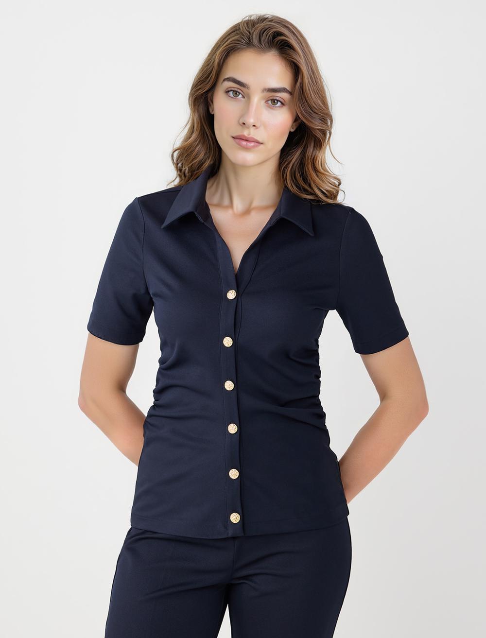 Kısa Kollu Gömlek Yaka Dar Kesim Örme Bluz