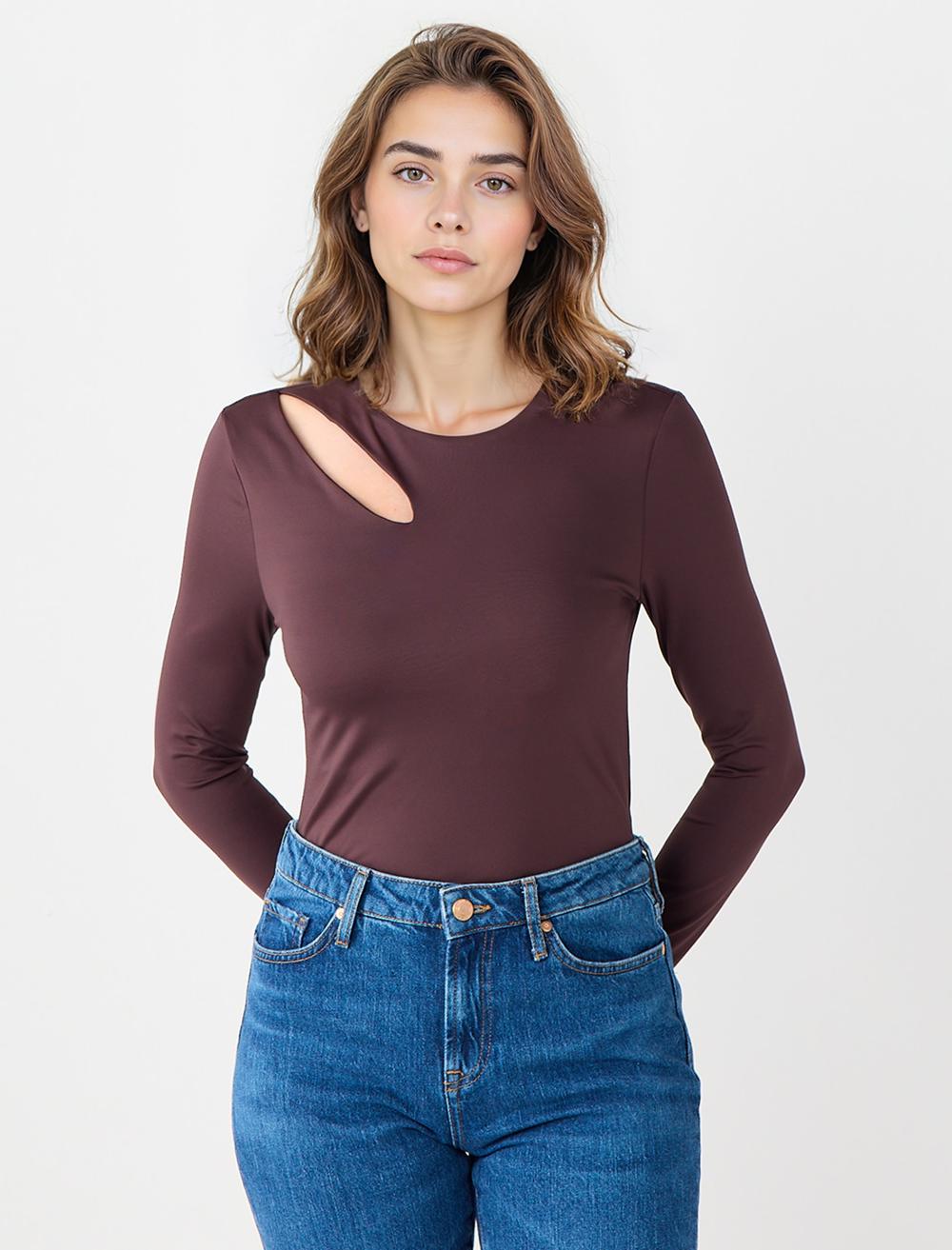 Asimetrik Yaka Uzun Kollu Dar Kesim Örme Bluz