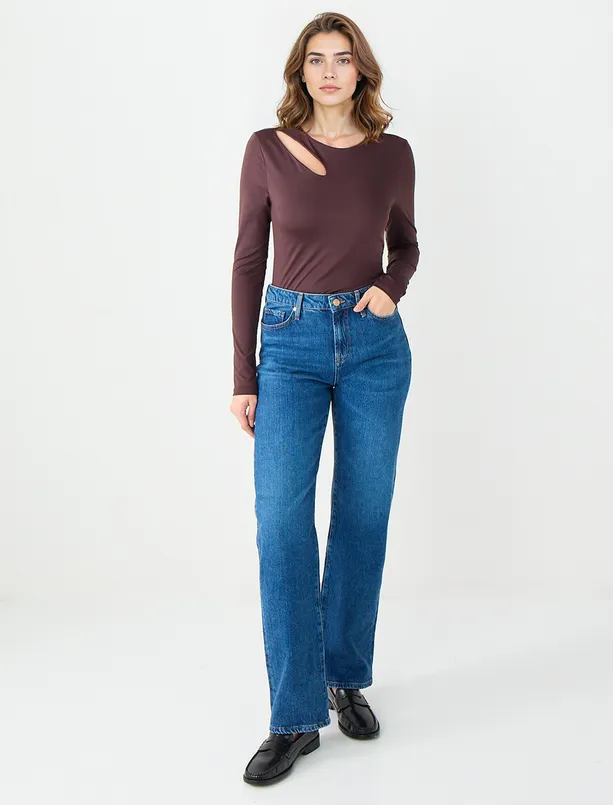 Bayan Kahverengi Asimetrik Yaka Uzun Kollu Dar Kesim Örme Bluz