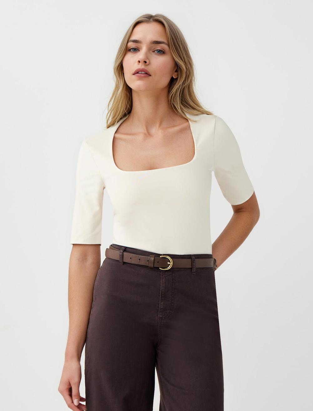 Dar Kesim Kare Yaka Dirsek Kol Örme Bluz