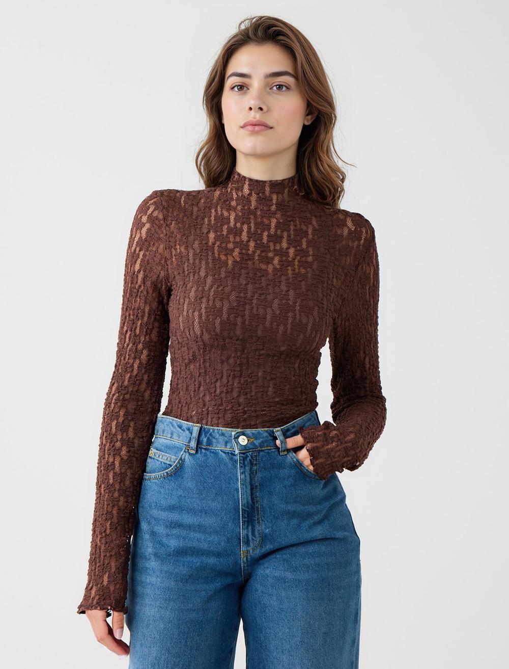 Dar Kesim Uzun Kollu Dantelli Örme Bluz