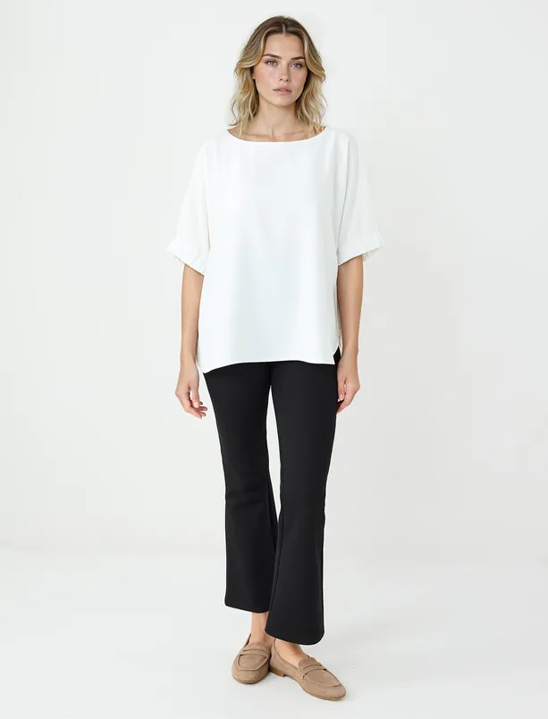 Bayan Ekru Rahat Kesim Yuvarlak Yaka Dirsek Kol Dokuma Bluz