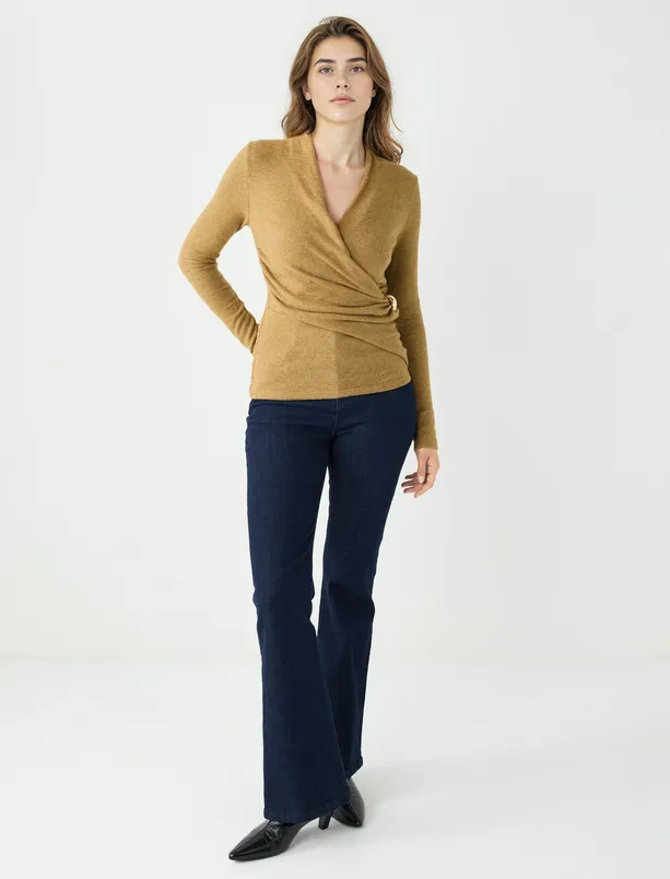 Bayan Yağ Yeşili Kruvaze Yaka Yumuşak Dokulu Örme Bluz