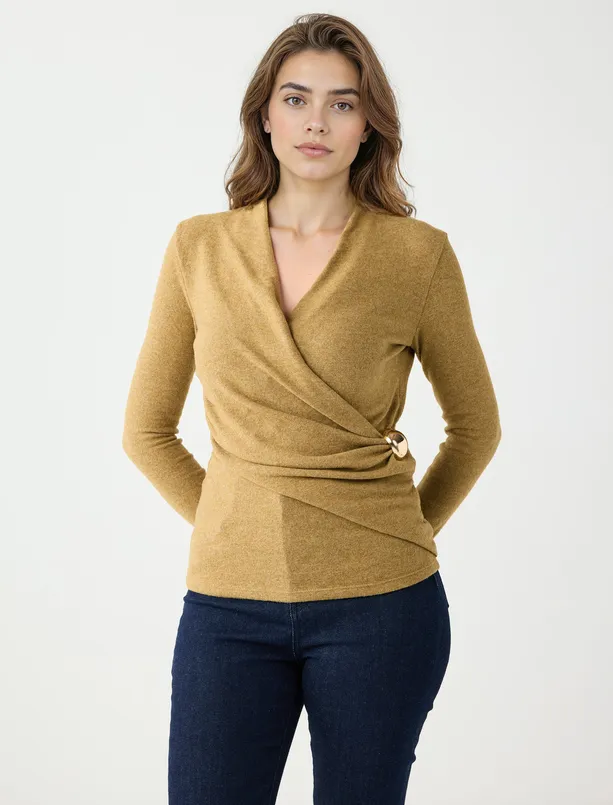 Bayan  Kruvaze Yaka Yumuşak Dokulu Örme Bluz