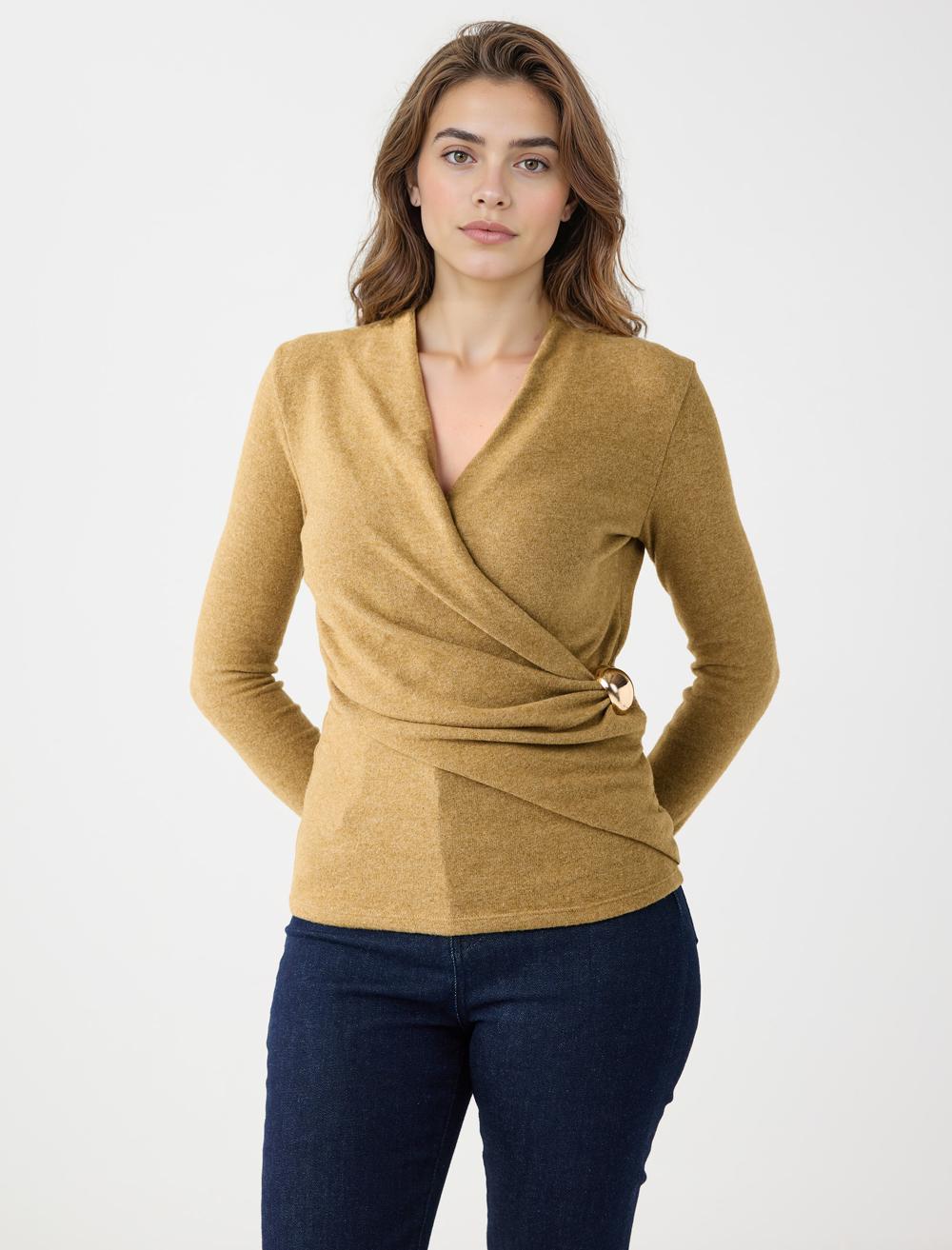 Kruvaze Yaka Yumuşak Dokulu Örme Bluz