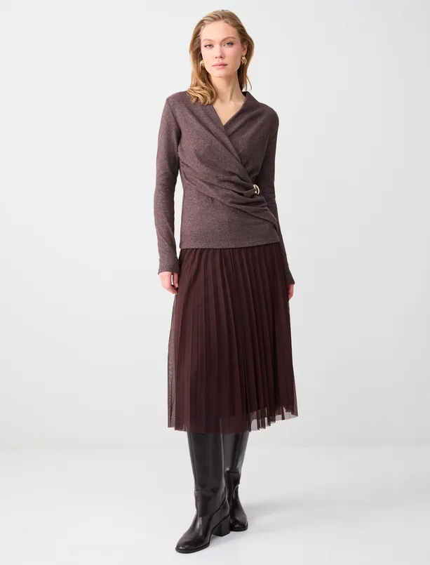 Bayan Kahverengi Kruvaze Yaka Yumuşak Dokulu Örme Bluz