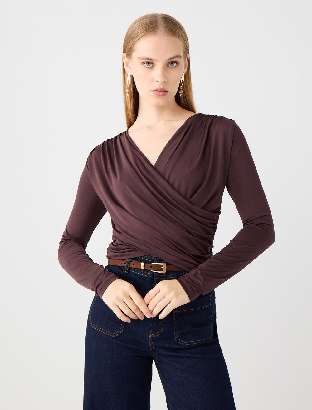 Dar Kesim Uzun Kollu Çapraz Yaka Örme Bluz