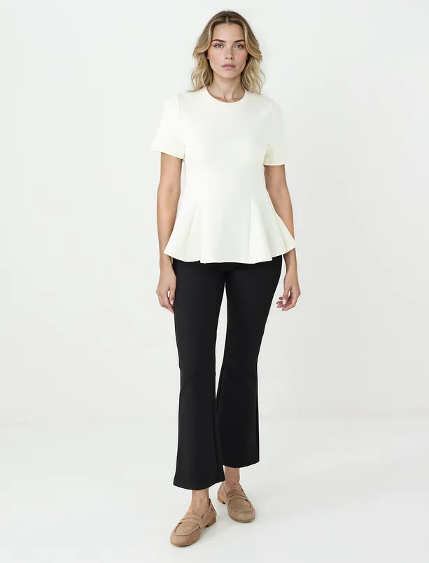 Women Ecru Crew-Neck Short-Sleeved Knitted Blouse