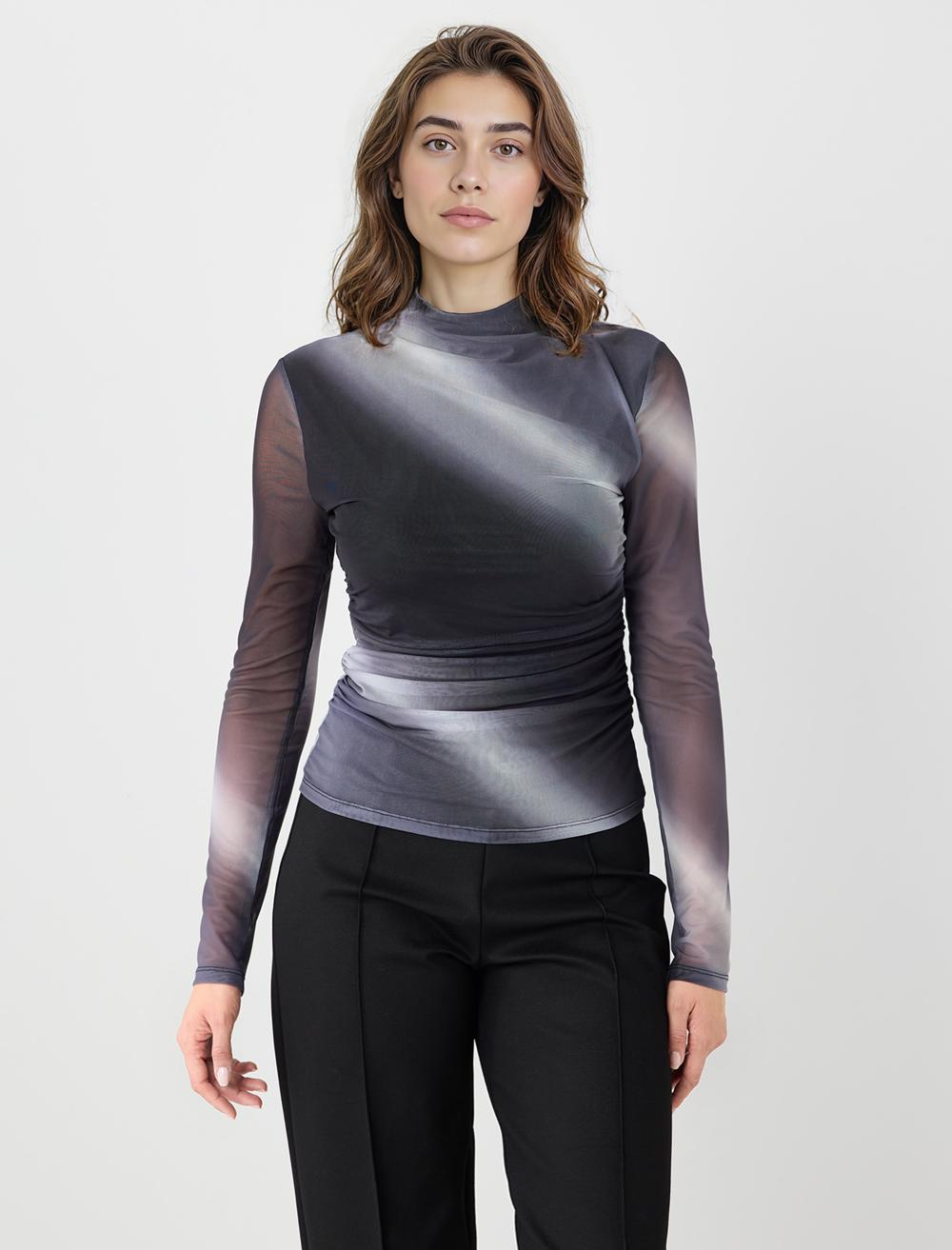 Dar Kesim Sıfır Yaka Renk Geçişli Mesh Bluz