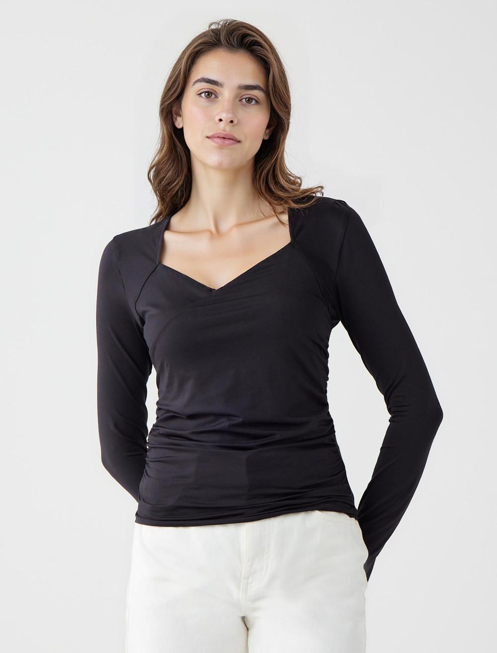 Dar Kesim Asimetrik Yaka Uzun Kollu Örme Bluz