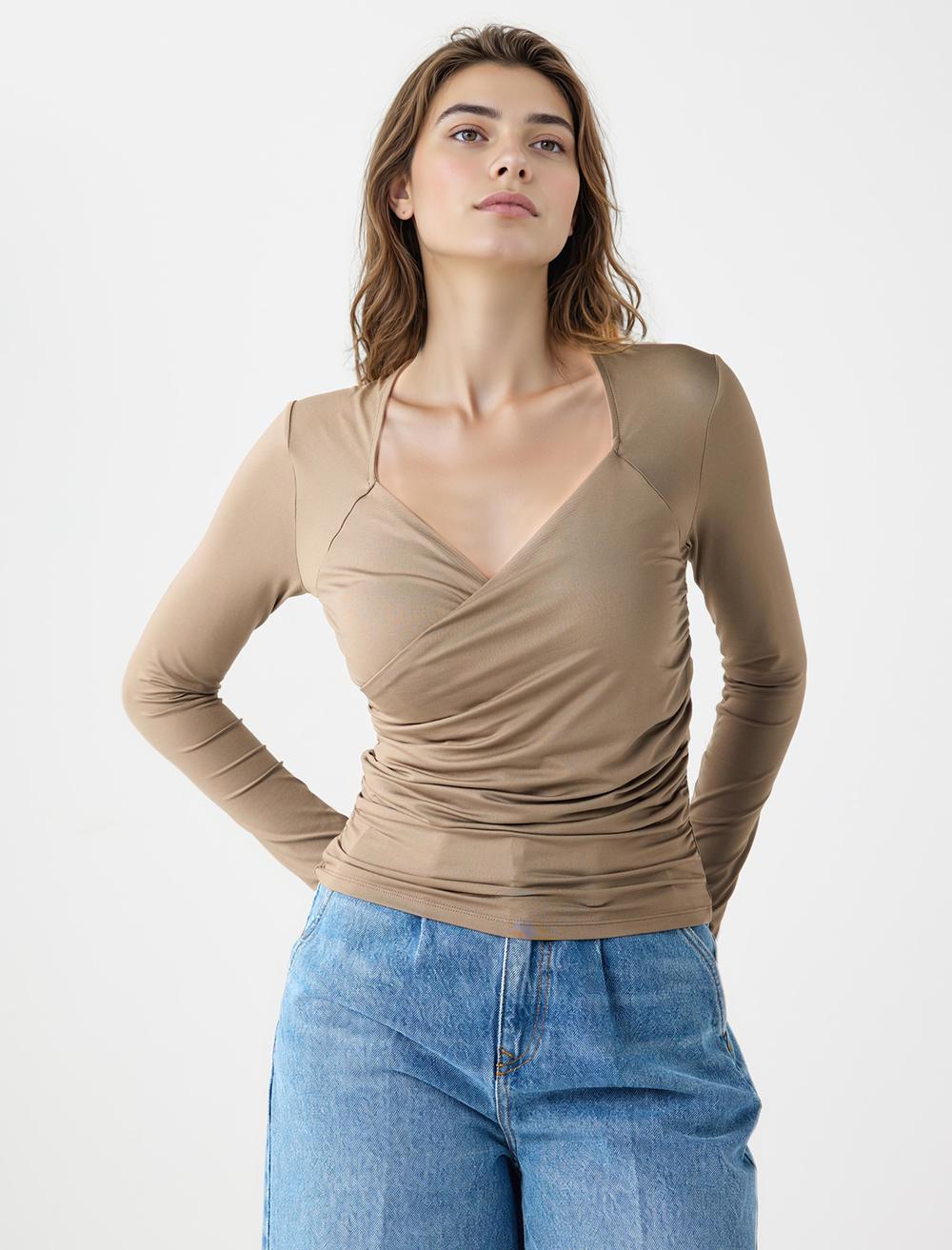 Dar Kesim Asimetrik Yaka Uzun Kollu Örme Bluz