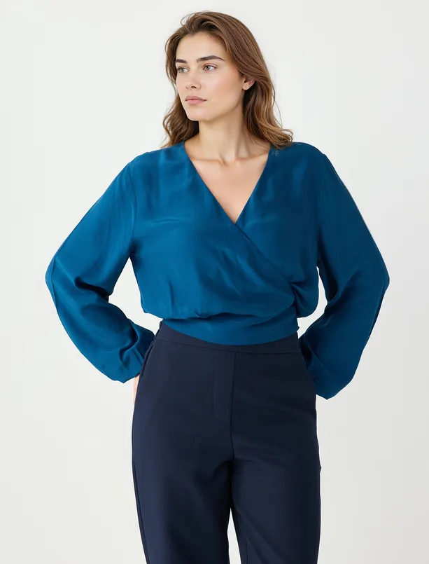 Bayan  Rahat Kesim Anvelop Yaka Uzun Kollu Dokuma Bluz