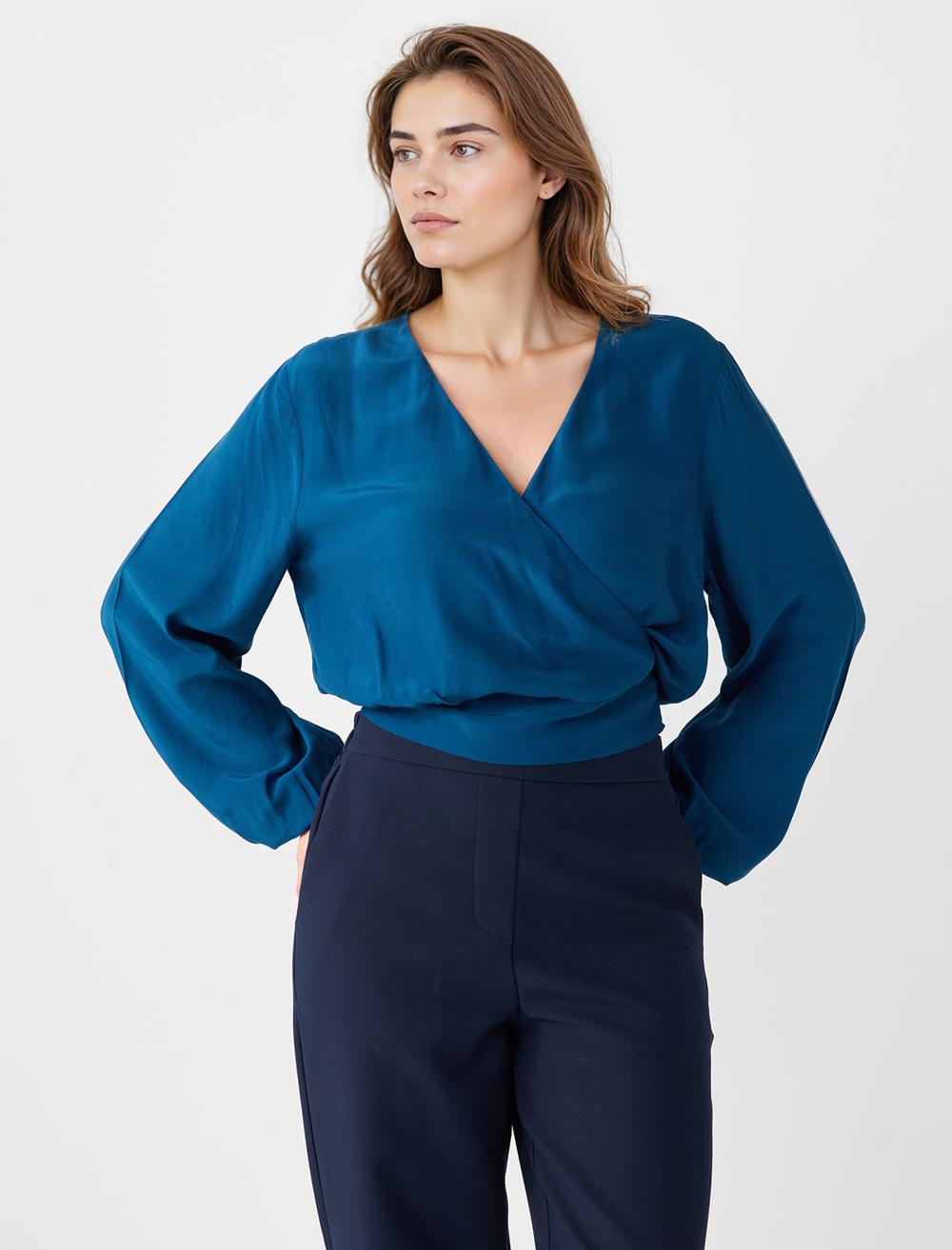 Rahat Kesim Anvelop Yaka Uzun Kollu Dokuma Bluz