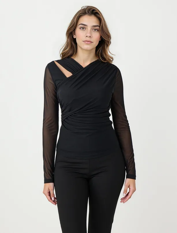 Bayan  Dar Kesim Asimetrik Yaka Mesh Örme Bluz