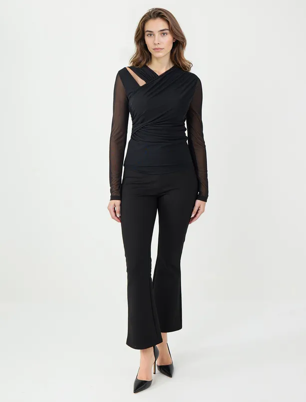 Bayan Siyah Dar Kesim Asimetrik Yaka Mesh Örme Bluz