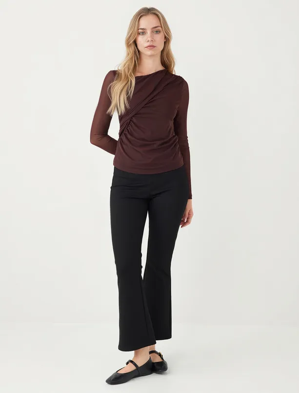 Bayan Kahverengi Dar Kesim Asimetrik Yaka Mesh Örme Bluz